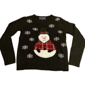 Karen Scott Womens Black Christmas Sweater Snowman & Snowflakes Size S